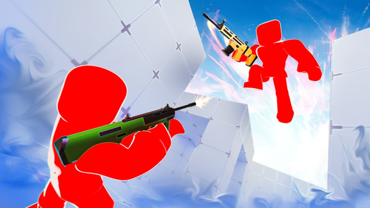 RIVALS Roblox FPS promo: armed fighters on a neon rooftop map used by Axolotls Modded Rivals lobbies